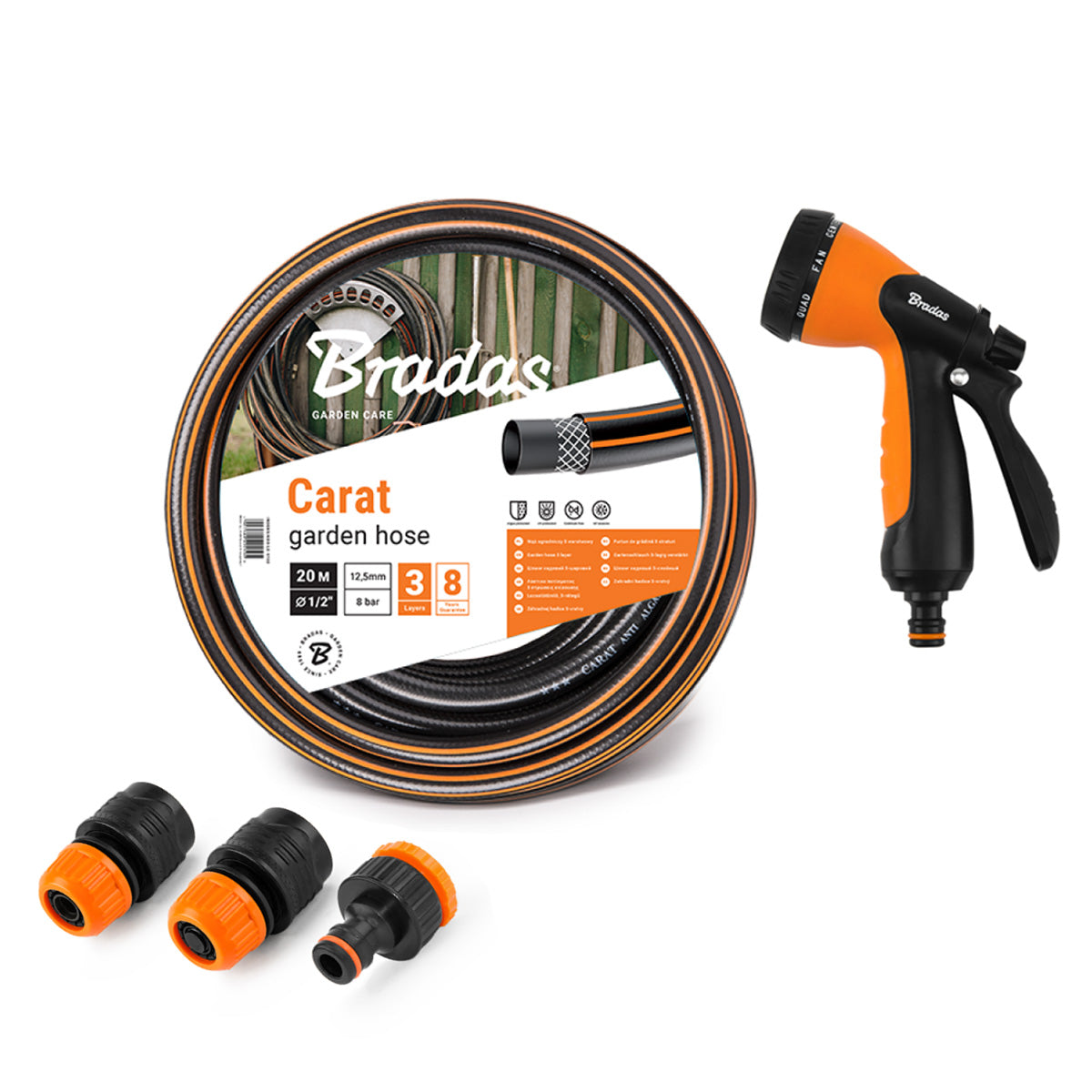 Bradas Carat tuinslang complete set met koppelingen en 8-functie spuitkop