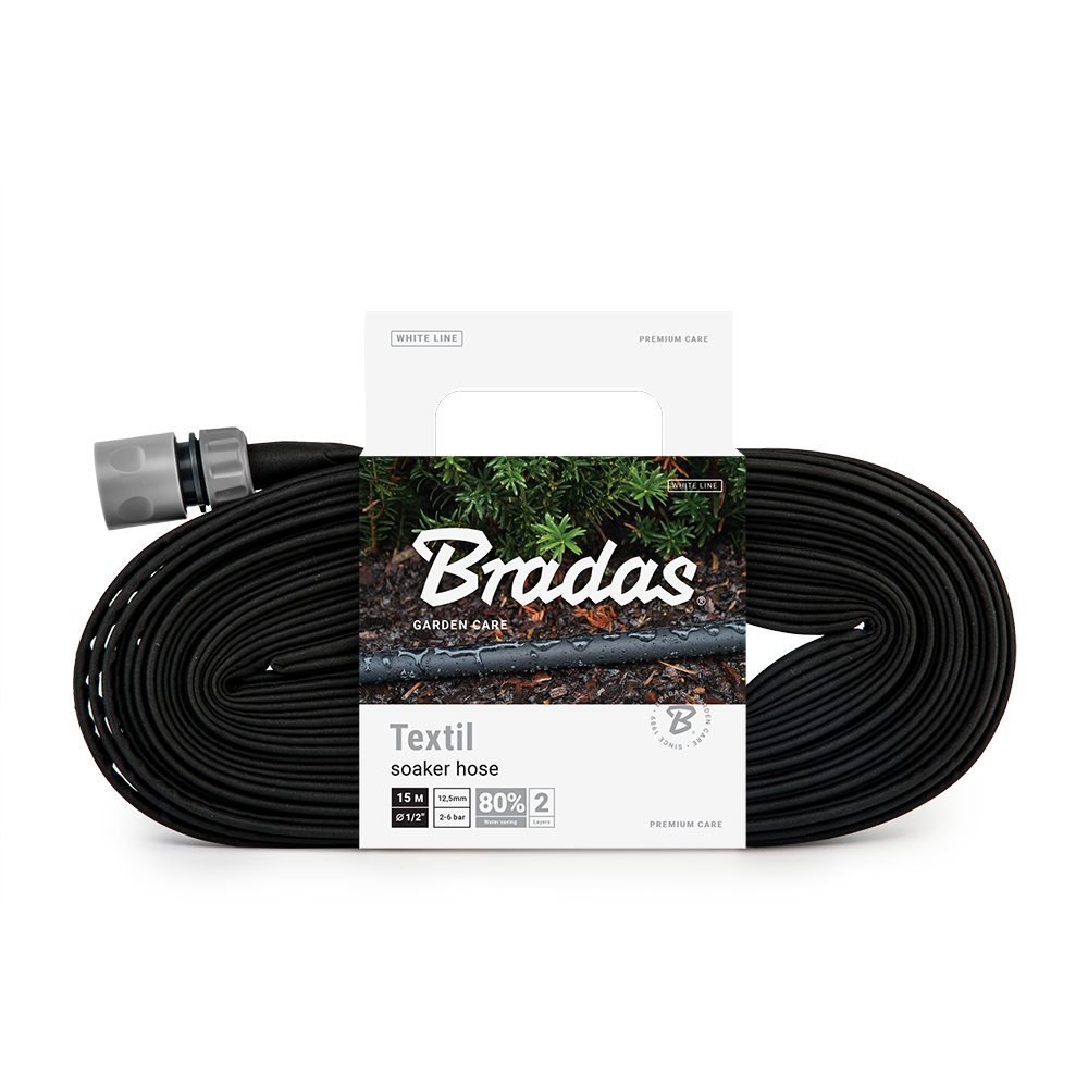 Bradas textiel druppelslang 15 meter – waterbesparende tuinslang voor plantenbewatering bovengronds of ondergronds