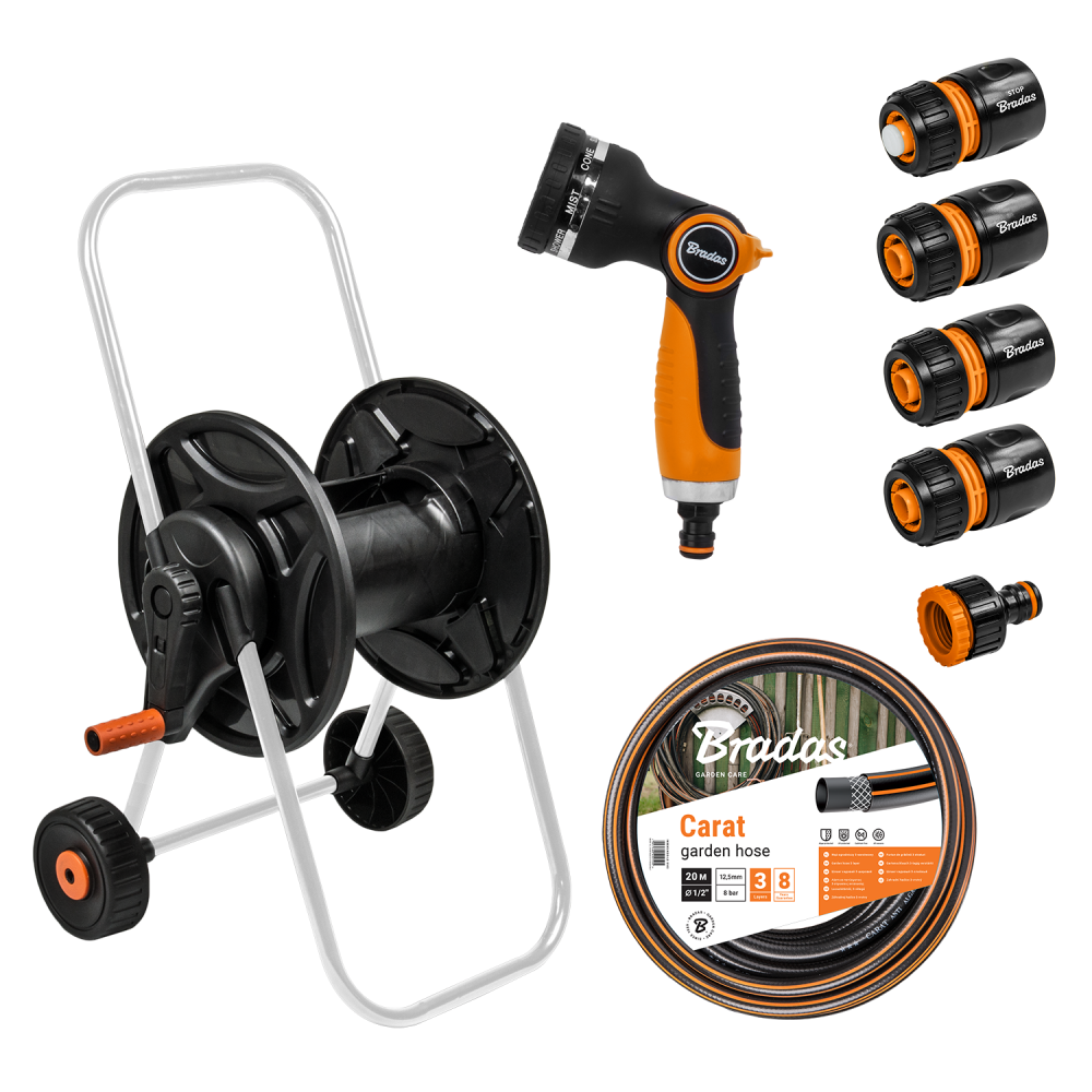 Bradas BLACK LINE slangenwagen met 20 meter CARAT tuinslang en accessoires