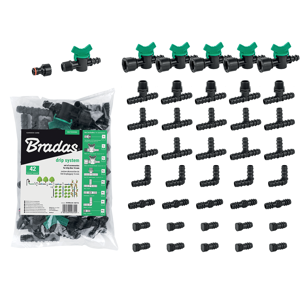 Bradas koppelingen set 16 mm voor druppelleiding 42 delig

