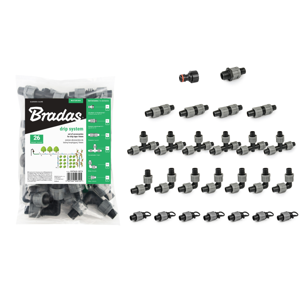 Bradas koppelingen set 16 mm voor driptape en druppelleiding
