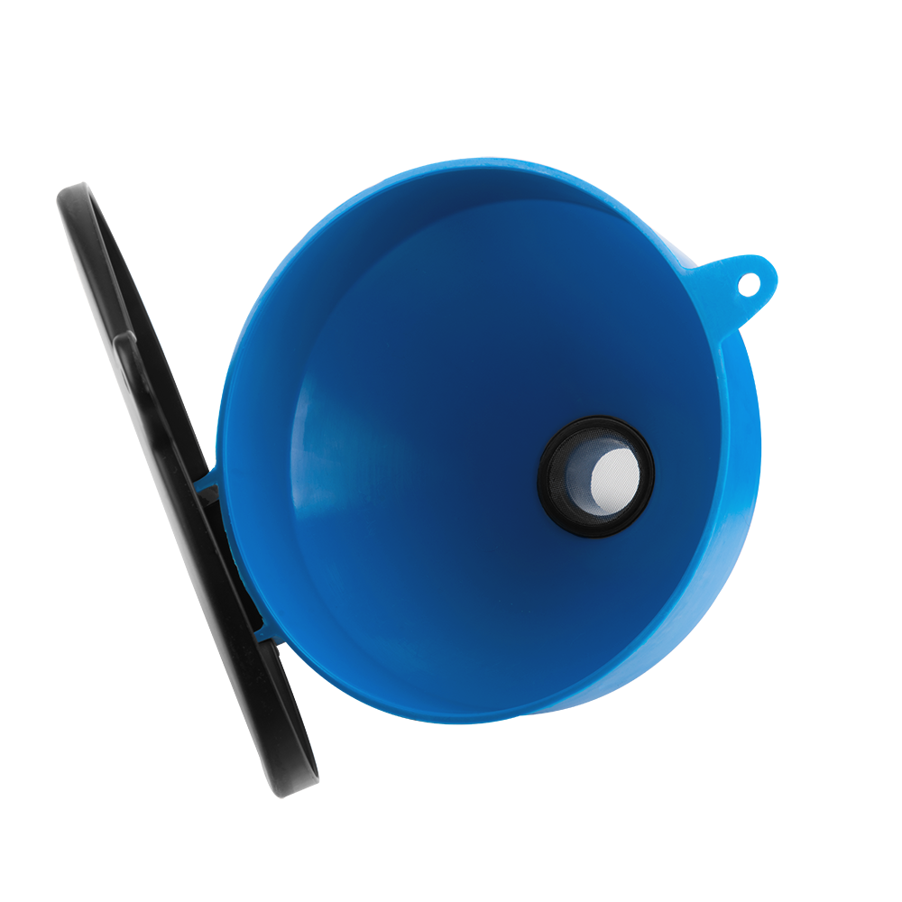 Blauwe IBC vultrechter met stalen gaasfilter
