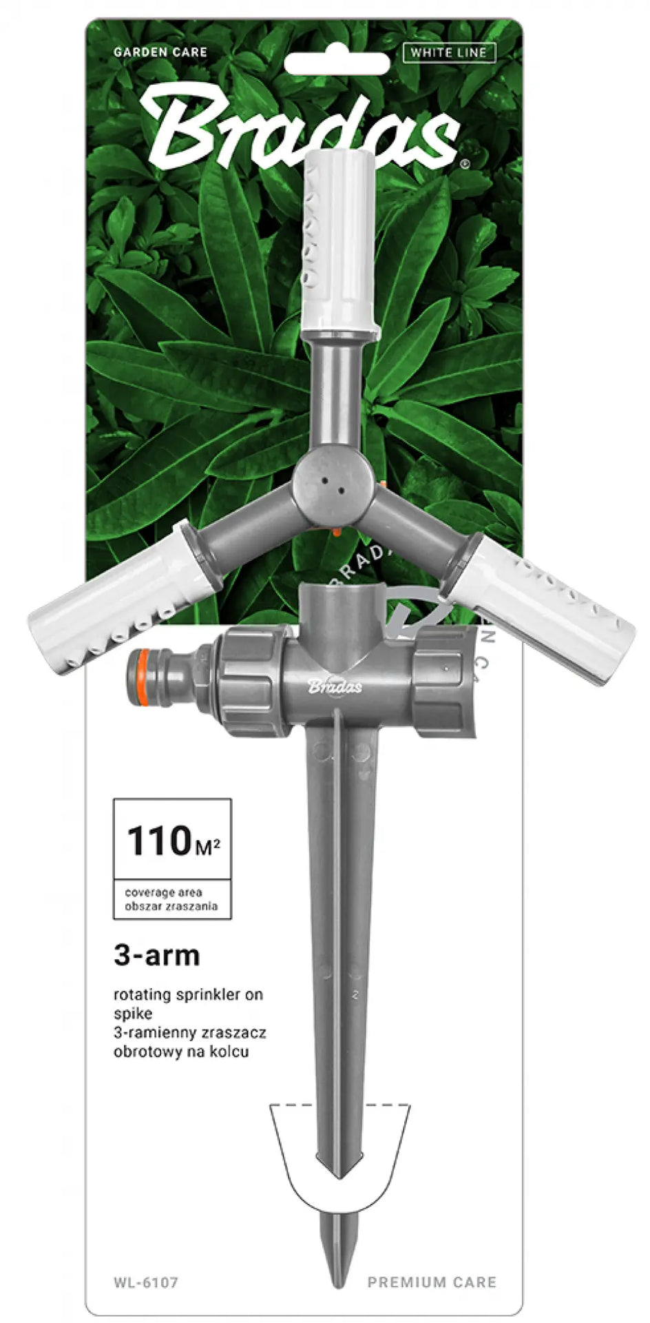 Detail van de Bradas WHITE LINE Roterende Sproeier met drie verstelbare armen en stevige grondpin.