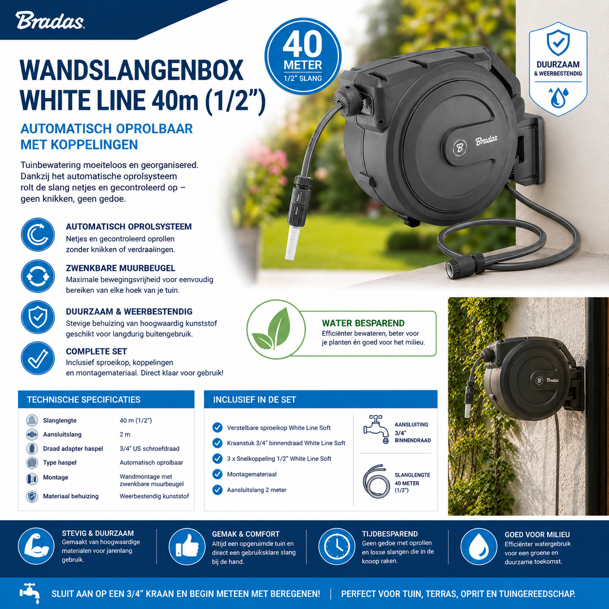 Bradas White Line Wandslangenbox 40m - Automatisch Oprolbaar met Complete Accessoireset